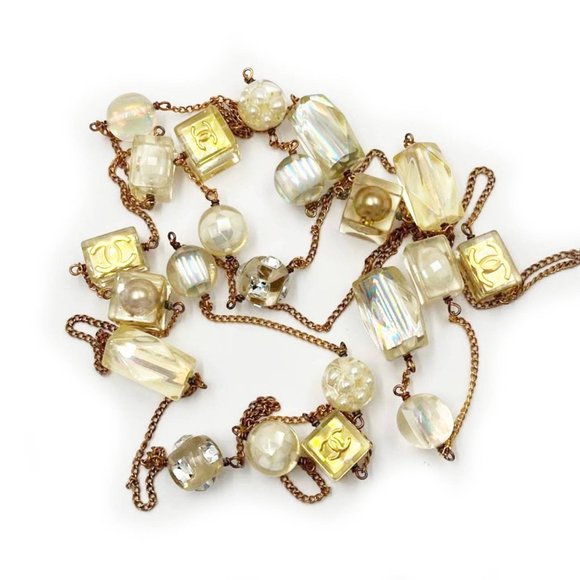 Chanel Vintage Gold Plated CC Resin Dice Pearl Super Long Necklace - Picture 1 of 5